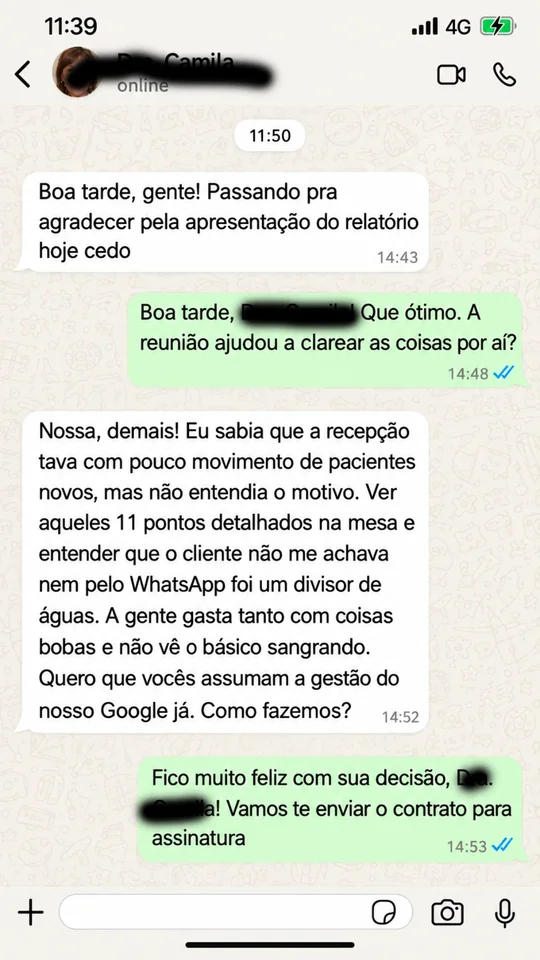 Depoimento de cliente da Auditoria de Google Meu Negócio - Camila